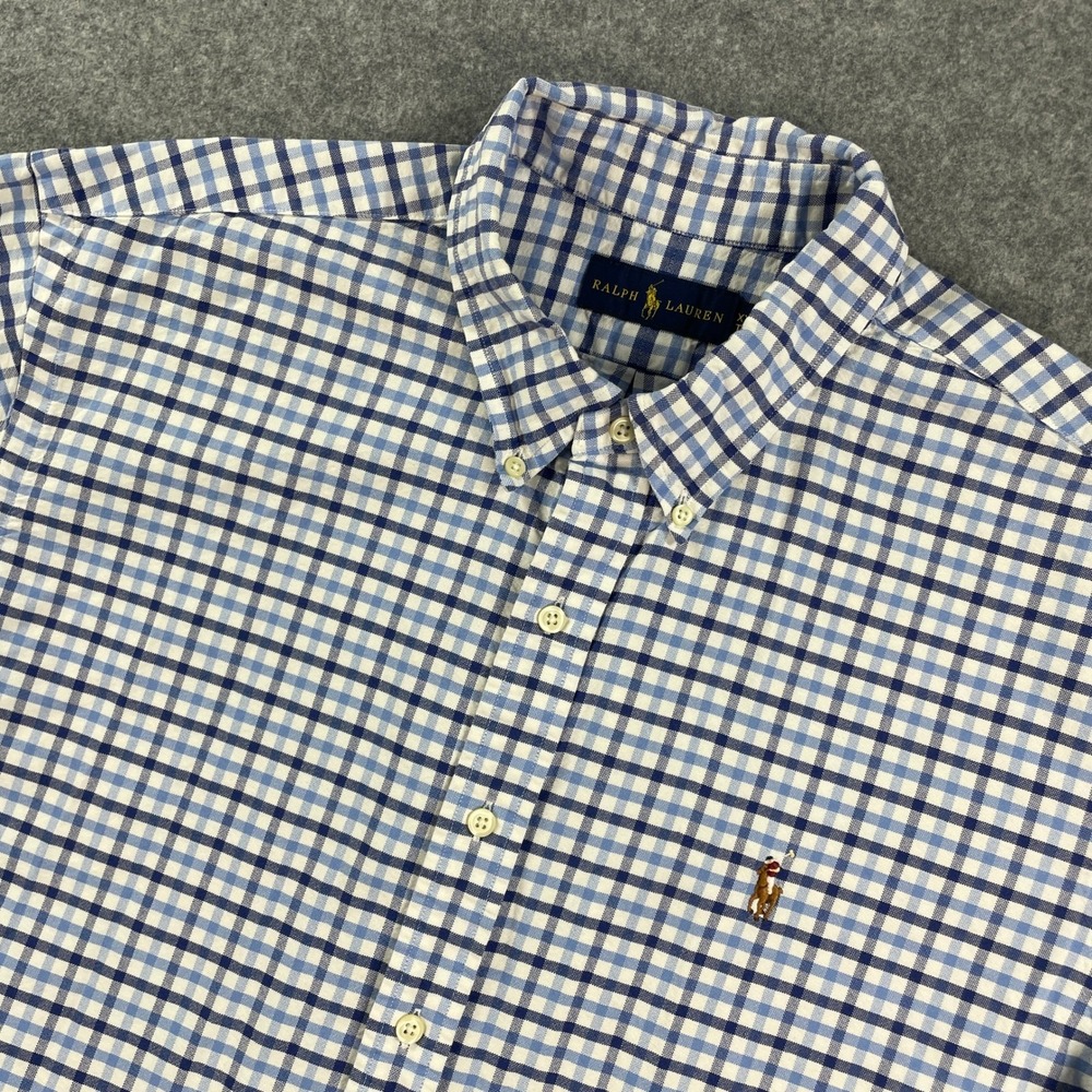 Ralph Lauren Mens Button Down Shirt XXL Blue Gingham Long Sleeve Flesh Pony